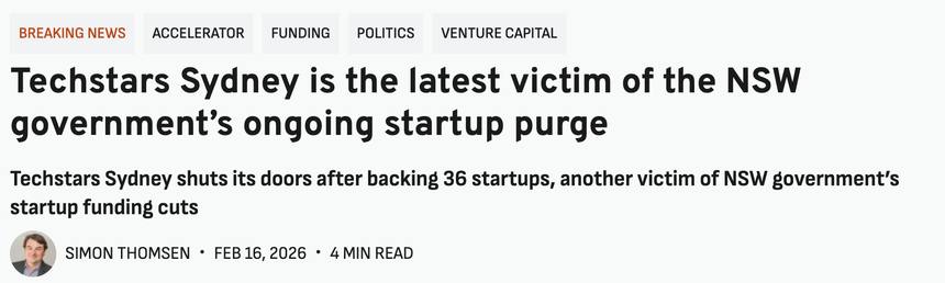 Headline: Techstars Sydney is the latest victim of the NSW government's startup purge