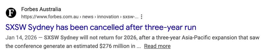 Headline: SXSW Sydney has been cancelled after three-year run